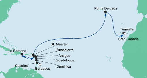 Transatlantik Kreuzfahrt Route AIDA 2017