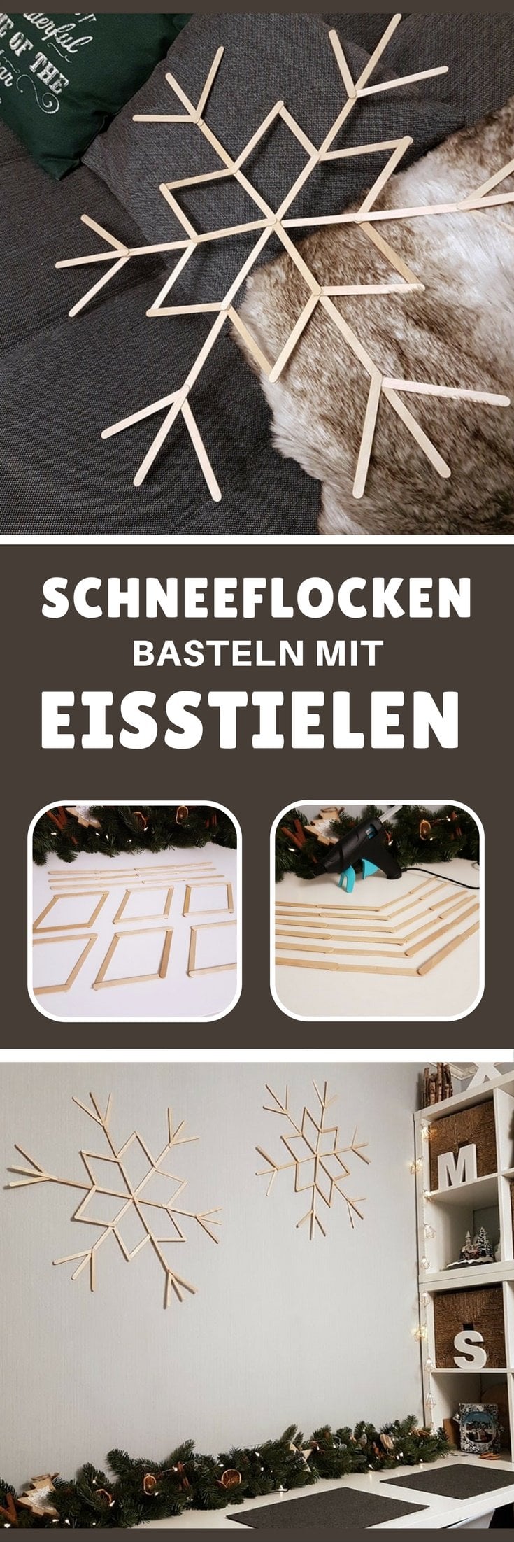 Schneeflocken mit Eisstielen basteln - Pinterest Pin popsicle sticks snowflakes Schneeflocken Sterne aus Eisstiele