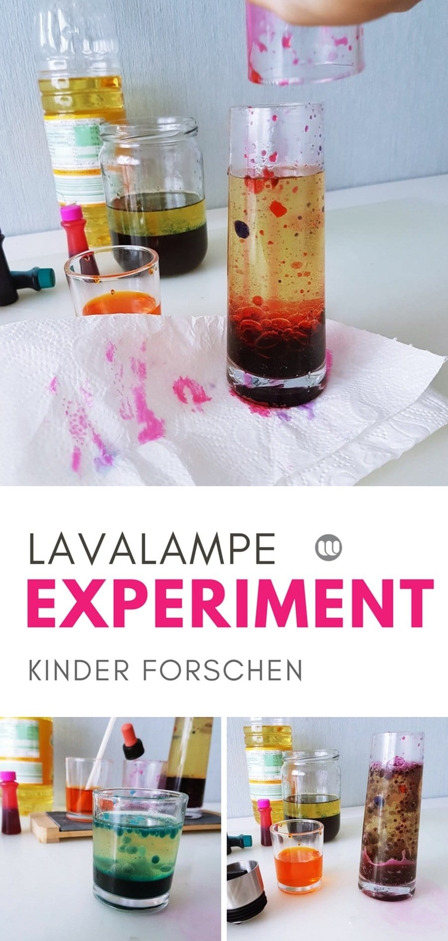 Lavalampe selbstgemacht: Kinder Experimente mit Wasser, Öl und bunten Farben. Lavalampen Kinder Experiment mit einfachen Materialien selbermachen.