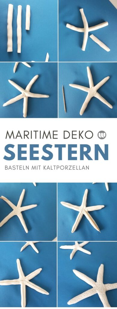 Selbstgemachte Seesterne aus Fimo und Salzteig, als maritime Deko auf Holzplatte arrangiert.